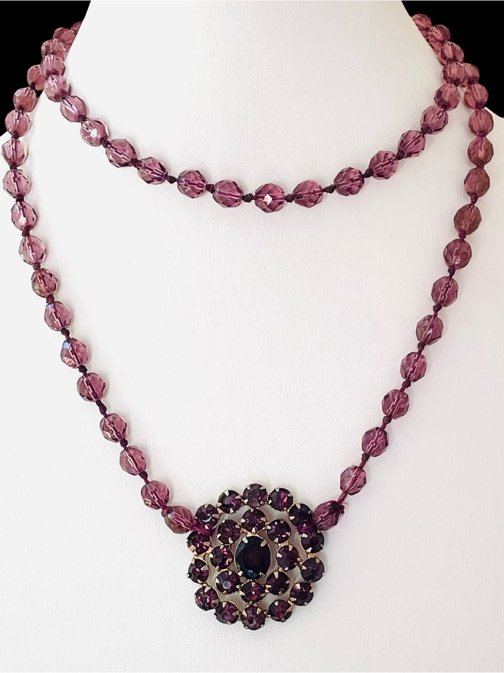 Art Deco Amethyst Glass Knotted Bead Necklace With Rhinestone Pendant